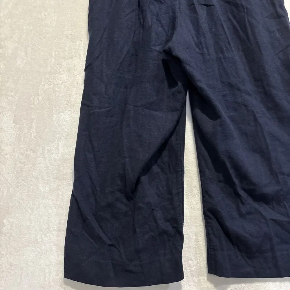 Banana Republic Linen Blend Wide Leg Crop Pull On Drawstring Pants Navy Small